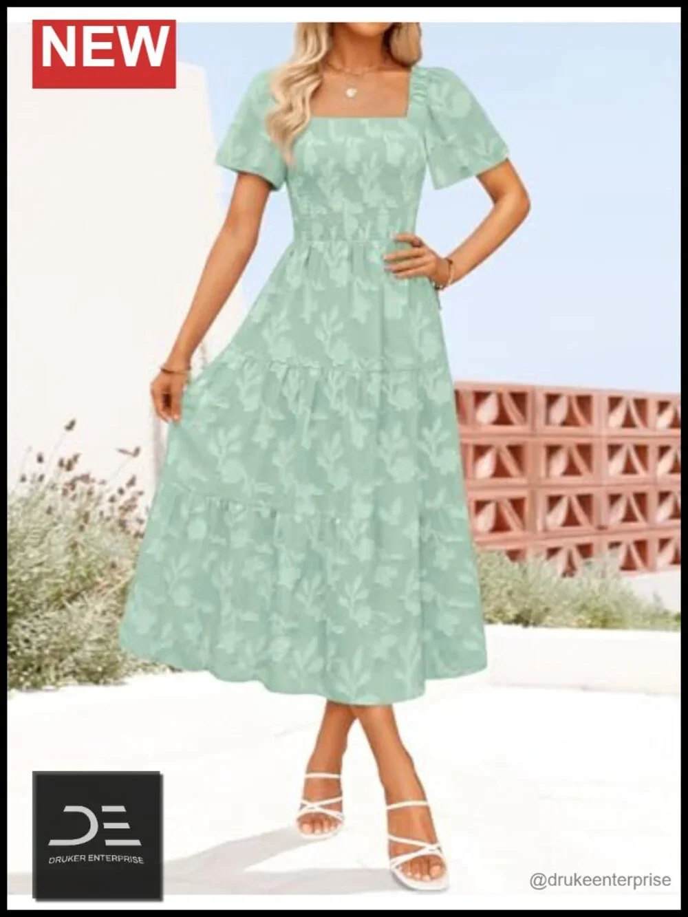 Boho Floral Midi Dress with Square Neck, Short Sleeve, Flowy Silhouette